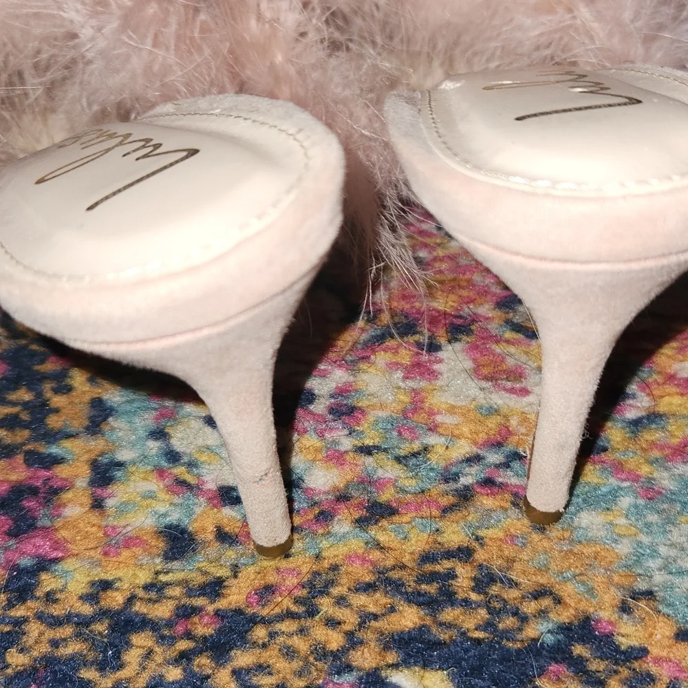 Lulu’s 8.5 Fazal Blush Suede Feather Pointed-Toe Mules - Picture 7 of 7